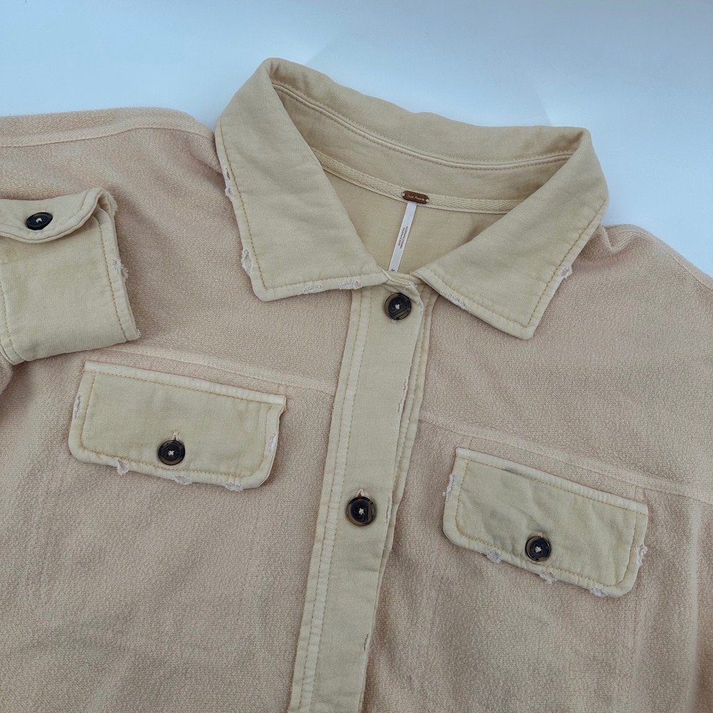 Free People Ruby Shacket Button‎ Down Jacket tan cotton blend Elbow Patch Women